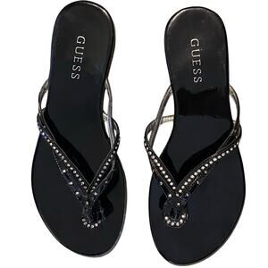 Guess Rhinestone Sandals US 7.5 Black Strappy Dressy Flip Flop Y2K Trendy